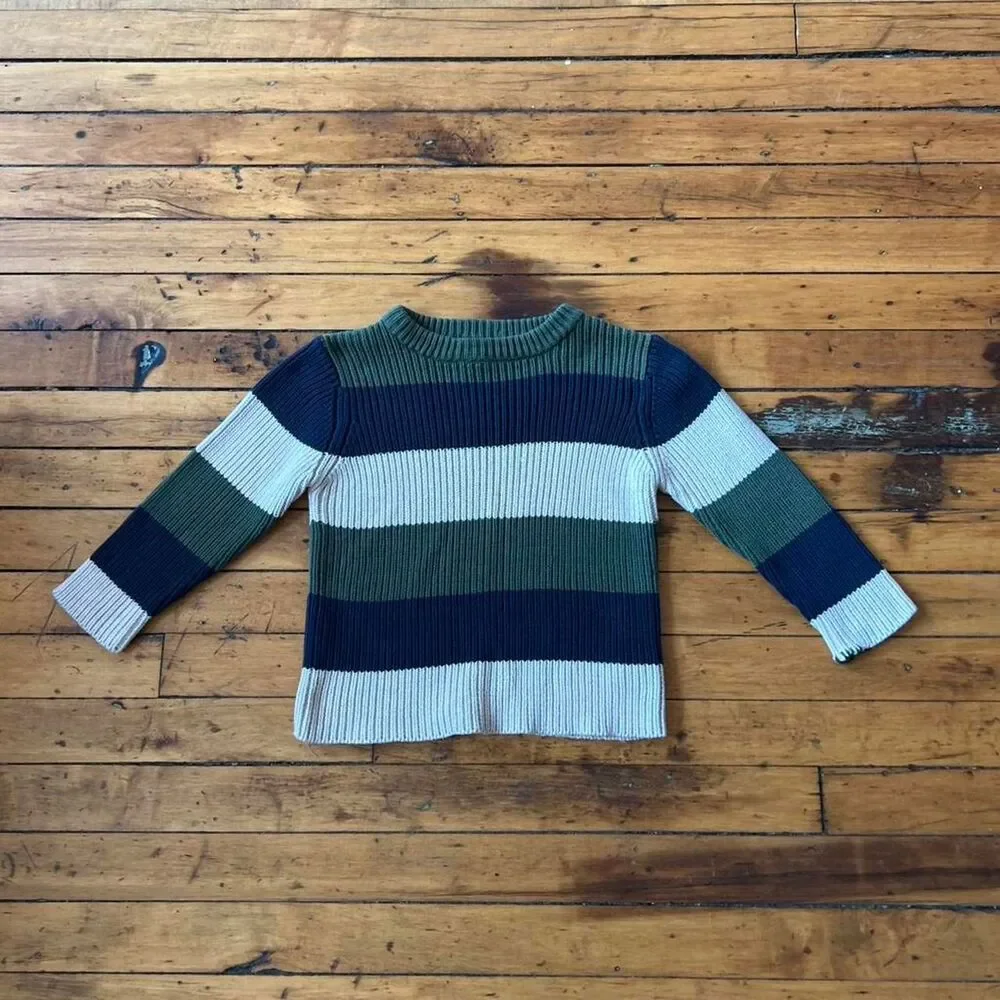 The Children's Place Boys Ribbed Striped Crewneck Sweater Green Navy Cream XS 4